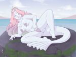 1girl beach big_ass big_breasts bikini cute dewgong diadem long_hair panties pink_hair posing purple_hair rapps rock sea seductive shell_bikini shell_pasties sky white_skin