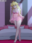  1girl alluring assentlov bed blonde_hair blue_eyes bow_panties crown earrings lingerie long_hair looking_at_viewer mario_(series) medium_breasts midriff navel negligee nintendo panties pink_lingerie pink_negligee pink_panties princess_peach side-tie_panties 