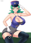  1girl alluring big_breasts cleavage deviantart fanbox_reward gummslime gumroad handcuffs hat jenny_(pokemon) officer_jenny officer_jenny_(pokemon) patreon pokemon salute see-through sitting stockings tagme 