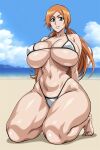 1girl 1girl alluring bare_legs beach big_breasts bleach blue_sky cleavage grey_eyes inoue_orihime milf ocean on_knees orange_hair under_boob yxyyxy