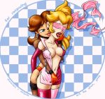  ayvuir_blue blindfold bondage breasts elbow_gloves lick long_hair nintendo open_shirt open_skirt princess_daisy princess_peach stockings super_mario_bros. unzip 