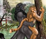  ajani_(artist) anal anal_penetration asian black_fur cheetah couple detailed_background ear_piercing fangs feline from_behind gay lake lion male mountain original original_character penetration piercing sex shrine testicles tree waterfall wood 