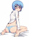  1girl ass barefoot blue_eyes blue_hair bottomless butt_crack caryo feet glasses looking_back nanashino no_pants panties red-framed_glasses short_hair sitting soles striped striped_panties tabitha toes underwear zero_no_tsukaima 