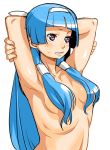  1girl armpits arms_behind_head bangs blue_hair blunt_bangs blush bust hair_tubes hairband kannagi long_hair nagi nude poporon solo upper_body 