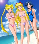  3_girls 3girls aino_minako alluring ami_mizuno beach bikini bishoujo_senshi_sailor_moon blonde blonde_hair blue_eyes blue_swimsuit blush clouds cloudy_sky eyebrows_visible_through_hair female female_only long_blonde_hair long_hair long_twintails looking_at_viewer minako_aino mizuno_ami mostly_nude one-piece_swimsuit outdoor outside sailor_mercury sailor_moon sailor_venus short_hair standing swimsuit tsukino_usagi twin_tails usagi_tsukino 