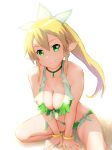 1girl alluring bangle bikini blonde_hair bracelet breasts cleavage elf female green_bikini green_eyes jewelry large_breasts leafa long_hair pointy_ears ponytail sitting solo sunlight swimsuit sword_art_online ueyama_michirou