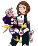 bigger_female bleepideeboop brown_eyes brown_hair embarrassed licking licking_nipples minoru_mineta my_hero_academia netorare nipple_bulge ochako_uraraka short_hair size_difference smaller_male superheroine wet_pussy