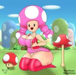  1girl 2023 alternate_version_available ass big_breasts blush breasts clothed female_only happy huge_ass mario_(series) mushroom nintendo open_mouth pink_socks remake rubbing_breasts super_mario_bros. superstarplasma toadette white_panties 