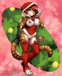  1girl 2020 abluedeer anthro bedroom_eyes big_breasts black_nipples black_pussy blue_eyes breasts christina_mort christmas christmas_outfit christmas_tree clothing felid female female_only fur furry genitals hair hi_res holidays legwear mammal narrowed_eyes nipple_piercing nipples orange_body orange_fur pantherine piercing pussy red_hair santa_hat seductive sexy solo striped_body striped_fur stripes tiger tree yiff 