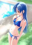  1girl bikini blue_hair brown_eyes female flat_chest front-tie_top grass idolmaster kisaragi_chihaya long_hair nature navel outdoors ponnetsu pool side-tie_bikini solo swimsuit 