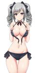 1girl areolae arm arms art babe bare_legs belly big_breasts bikini bikini_pull blush breasts choker cleavage drill_hair female grey_hair hair hair_ribbon idolmaster kanzaki_ranko large_breasts legs long_hair looking_at_viewer maru_(sara_duke) midriff navel neck purple_eyes ranko_kanzaki ribbon ribbon_choker shiny shiny_hair shiny_skin short_hair silver_hair simple_background smile solo standing swimsuit twin_drills twintails undressing wardrobe_malfunction white_background