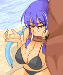  1boy beach bikini breasts censored cum cum_in_hands cum_on_body cum_on_breasts cum_on_upper_body cupping_hands erect_nipples fellatio female hetero horny huge_breasts judith large_breasts mamelove nipples oekaki oral penis purple_hair red_eyes solo_focus sweat swimsuit tales tales_of_(series) tales_of_vesperia 