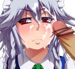 1boy 1girl bar_censor blush braid censor_bar censored cum facial female frown grey_hair hayashi_custom hayashi_kasutamu heart heart-shaped_pupils izayoi_sakuya penis pointless_censoring red_eyes symbol-shaped_pupils touhou twin_braids wavy_mouth