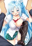  1girl blue_eyes blue_hair breasts denki_anma denma_onna denpa_onna_to_seishun_otoko fang feet female femdom footjob kouda_serio large_breasts long_hair looking_at_viewer nipples no_shoes open_mouth panties pov pov_eye_contact school_uniform skirt thighhighs toes touwa_erio underwear very_long_hair 