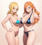  2girls alluring artist_name ass bangs bare_shoulders big_ass big_breasts bikini blonde_hair breast_press breasts brown_eyes cleavage clothing collarbone crossover curvy duo earrings eyelashes fairy_tail female_focus female_only g-string grin hand_on_hip hips human jewelry large_ass long_hair looking_at_viewer lucy_heartfilia micro_bikini nami navel one_piece orange_eyes orange_hair parted_lips revealing_clothes s-urges seductive shiny_skin sideboob simple_background skimpy skindentation smile sweat sweatdrop swimsuit tattoo teeth thighs thong thong_bikini tied_hair twin_tails under_boob voluptuous watermark wavy_hair 