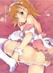  1girl aftersex ass blush brown_eyes brown_hair condom condom_wrapper cum cum_in_pussy cum_inside cum_on_clothes cum_on_pussy facial female maid maid_headdress misaka_mikoto nipples no_pants panties panty_pull pointless_condom solo to_aru_kagaku_no_railgun to_aru_majutsu_no_index tsunekawa_niwasuke underwear used_condom 