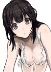  1girl :o bare_shoulders bikini black_hair blurry breasts chitanda_eru cleavage depth_of_field female hanging_breasts hyouka konoma large_breasts leaning_forward lips long_hair looking_at_viewer miyamoto_issa purple_eyes sketch solo swimsuit 