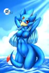  2011 anthro arms_behind_head beak blue_feathers blush breasts creatures_(company) duck female game_freak gen_1_pokemon golduck mnxenx001 nintendo nude pokemon pokemon_(anime) pokemon_(creature) pokemon_(game) pokemon_(species) pokemon_red_green_blue_&amp;_yellow pokemon_rgby porkyman pussy red_eyes solo tail water water_type_pokemon wet 