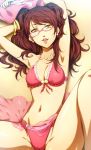 1girl armpits arms_up atlus bikini bracelet breasts brown_hair cameltoe cleavage dark_persona earrings female frilled_bikini frills glasses gold_bracelet hairu highres jewelry kujikawa_rise lips lipstick long_hair lying makeup naughty_face navel on_back persona persona_4 pink_earrings pink_lipstick shadow_(persona) shadow_rise solo spread_legs swimsuit tongue yellow_eyes