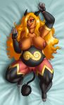 big_breasts blonde_hair blue_eyes breasts chubby emboar hair lipstick looking_at_viewer lying nipples pokã©mon pokemon pussy siplelpis tail