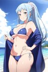  1girl alluring aqua_eyes aqua_hair beach big_breasts bikini blue_sky cleavage kawasaki_saki nios ocean undoing_robe yahari_ore_no_seishun_lovecome_wa_machigatteiru. 