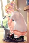 1girl ahoge ass asymmetrical_hair bladeless_fan blonde_hair blush breasts butt_crack day dyson fanning_crotch full_body hair high_heels hot large_breasts looking_at_viewer looking_back naked_shirt no_bra nose_blush open_clothes open_mouth open_shirt original panties panties_around_ankles panty_pull payot pink_eyes pokemon scrunchie see-through shirt short_sleeves side_ponytail sideboob sidelocks skirt skirt_removed solo squatting summer sweat turning underwear white_panties white_shirt zi_se