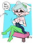 1girl areola clothed clothing clothing_pull cum dress ejaculation english_text gloves handwear icy_(artist) inkling iseenudepeople marie_(splatoon) medium_breasts naughty_face nintendo nipples offscreen_male presenting presenting_breasts sitting smile speech_bubble splatoon splatoon_(series) text unseen_character