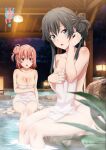 2girls alluring black_hair blue_eyes blush breasts covering covering_breasts long_hair looking_at_viewer multiple_girls naked_towel official_art onsen small_breasts towel yahari_ore_no_seishun_lovecome_wa_machigatteiru. yuigahama_yui yukinoshita_yukino