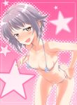 1girl bikini fuyube_rion idolmaster idolmaster_cinderella_girls koshimizu_sachiko micro_bikini navel open_mouth purple_hair short_hair smile solo star strap_lift swimsuit yellow_eyes