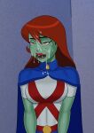 1girl big_breasts breasts comic_book_character female_focus freckles green_skin high_res long_hair martian megan_morse miss_martian orange_eyes patreon patreon_paid patreon_reward red_hair solo_female something_unlimited sunsetriders7 superheroine tagme teen