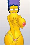 blue_hair fingering huge_breasts marge_simpson masturbation sucking_on_breast the_simpsons thighs thong yellow_skin