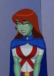 1girl big_breasts breasts comic_book_character female_focus freckles green_skin high_res long_hair martian megan_morse miss_martian orange_eyes patreon patreon_paid patreon_reward red_hair solo_female something_unlimited sunsetriders7 superheroine tagme teen