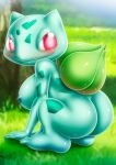 1girl bbmbbf bedroom_eyes big_ass blush blushing blushing_at_viewer bulbasaur feet green_skin nude palcomix pokemon pokepornlive red_eyes sitting solo_focus