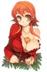 1girl bare_shoulders bell between_breasts blush breasts cleavage erect_nipples female food fruit jingle_bell kusanagi_tonbo large_breasts nipples orange_(fruit) orange_hair original smile solo