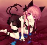 1girl animal_ears barefoot bell bent_over bow braid breasts cat_ears cat_tail choker collar earrings feet female hair_bow jewelry jingle_bell kaenbyou_rin leash leg_garter leg_ribbon lingerie minamura_haruki multiple_tails nail_polish nekomata petals pink_eyes pink_hair pointy_ears red_hair ribbon solo strap_slip tail tail_ribbon toenail_polish tongue tongue_out touhou twin_braids underwear