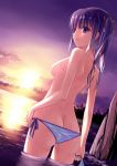  1girl ass bikini bikini_top_removed breasts butt_crack from_behind hair_ribbon kakuno long_hair looking_at_viewer looking_back nipples original partially_submerged pokemon purple_eyes purple_hair ribbon side-tie_bikini small_breasts smile solo sunset swimsuit tan tanline topless twintails wading water wet 