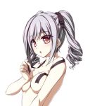  1girl blush breasts censored convenient_censoring drill_hair female grey_hair hair_ribbon idolmaster idolmaster_cinderella_girls kanzaki_ranko long_hair nude open_mouth red_eyes ribbon silver_hair solo tenmaso twin_drills twintails 