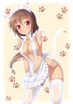 1girl :o animal_ears apron apron_tug bell bell_collar blush bow breasts brown_hair cat_ears cat_tail cleavage collar dark_skin gloves hair hair_bow ichi_makoto lace lace-trimmed_thighhighs long_hair looking_at_viewer low_ponytail maid_headdress maou_no_shimobe_ga_arawareta! naked_apron nearly_naked_apron nekomimi open_mouth original panties parted_lips paw_print pokemon purple_eyes red_eyes side-tie_panties skindentation solo string_panties sweatdrop tail tareme thighhighs underwear white_gloves white_legwear white_panties