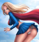 1girl artist_logo big_breasts blonde_hair blue_eyes blue_skirt breasts cape comic_book_character curvy_body curvy_female curvy_figure daytime dc_comics deviantart_username female_only flowerxl heroine kara_danvers kara_zor-el kryptonian light-skinned_female light_skin logo long_hair medium_breasts panties pink_lipstick red_cape scared scared_expression side_view skirt sky sleeves straight_hair supergirl superhero_costume superheroine superman_(series) teen thick_thighs white_panties