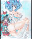  3girls bare_shoulders blue_eyes blue_hair bow bra bra_pull breasts cat chibi female hair_bobbles hair_ornament kaenbyou_rin kaenbyou_rin_(cat) kagiyama_hina kawashiro_nitori kneehighs lingerie marker_(medium) multiple_girls nipples off_shoulder panties panty_pull pekopokox pokemon pussy reiuji_utsuho shikishi striped striped_panties touhou traditional_media uncensored underwear white_legwear 