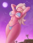 1girl armpits arms_up big_thighs closed_eyes crown curvy huge_breasts light_blue_bikini long_hair mario_(series) moon moonlight nintendo pale-skinned_female pale_skin pink_mouth platinum_blonde_hair princess princess_rosalina purple_sky rosalina saf-404 saf_404 safartwoks safartworks star_earrings super_mario_bros. tagme thick_thighs