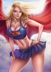  1female 1girl artist_logo athletic big_breasts blonde_hair blue_eyes blue_skirt blue_topwear breasts cape clouds comic_book_character curvy dc_comics female_only flowerxl hair_in_wind hand_on_thigh kara_danvers kara_zor-el kryptonian long_hair looking_at_viewer medium_breasts pale-skinned_female pink_lips pink_lipstick pinup red_cape skirt sky_background smile standing straight_hair supergirl supergirl_(series) superhero_costume superheroine superman_(series) teen thick_thighs watermark 