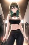 1girl alluring blue_eyes breasts byleth_(female) byleth_(fire_emblem) byleth_(fire_emblem)_(female) cleavage fire_emblem gym gym_pants hongmocr nintendo sports_bra teal_hair