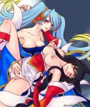 2_girls 2girls ahri aqua_hair art artist_request bare_legs bare_shoulders big_breasts black_hair blue_eyes breast_grab breasts breasts_out breasts_outside cat_ears cat_girl cleavage collarbone detached_sleeves dress female fingering gradient gradient_hair half-closed_eyes japanese_clothes large_breasts league_of_legends legs long_hair looking_at_another love moaning monster_girl mound_of_venus multiple_girls naughty_face navel neck nipples off_shoulder smile sona_buvelle spread_legs strapless teeth very_long_hair yellow_eyes yuri