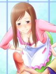 1girl apron blush bonnie_(rsg) bra breasts brown_hair censored chousoku_henkei_gyrozetter cleavage collar down_blouse downblouse long_hair masturbation penis purple_eyes smile todoroki_nanako underwear