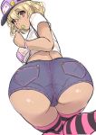  1girl ass bent_over blonde_hair bracelet brown_eyes candy dark_skin denim denim_shorts female food hat huge_ass jewelry konoma lollipop looking_back miyamoto_issa original short_hair short_shorts shorts simple_background solo striped striped_legwear thighhighs white_background 