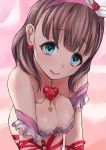  1girl bare_shoulders blue_eyes breasts brown_hair cleavage female heart heart-shaped_pupils idolmaster idolmaster_cinderella_girls jewelry konoma long_hair looking_at_viewer miyamoto_issa necklace sakuma_mayu solo symbol-shaped_pupils 