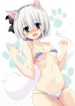 1girl animal_ears bare_shoulders bikini blue_eyes blush breasts cat_ears curvy fang female hairband highres hitodama kemonomimi_mode konpaku_youmu konpaku_youmu_(ghost) looking_at_viewer matsuri_uta maturiuta_sorato navel open_mouth pokemon short_hair silver_hair solo swimsuit tears touhou