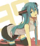  1girl 39 all_fours aqua_eyes aqua_hair female hatsune_miku kouga_228 long_hair looking_at_viewer miku_hatsune neck_tie open_mouth skirt smile solo twin_tails vocaloid 