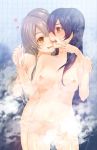 2_girls 2girls :p art bath bathing breasts brown_eyes brown_hair female friends from_behind furafura_lion groin heart incipient_kiss long_hair love_live!_school_idol_project minami_kotori mound_of_venus multiple_girls navel nipples nude purple_hair shower sonoda_umi standing steam tile_wall tiles tongue tongue_out wrist_grab yellow_eyes yuri